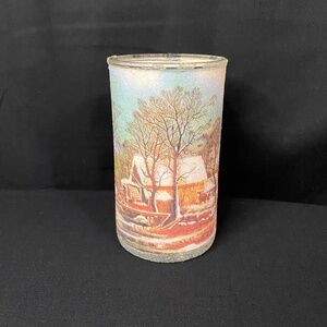Vintage Danish Currier & Ives Sugared Pillar Candle Holder Winter Barn Mill 5 in
